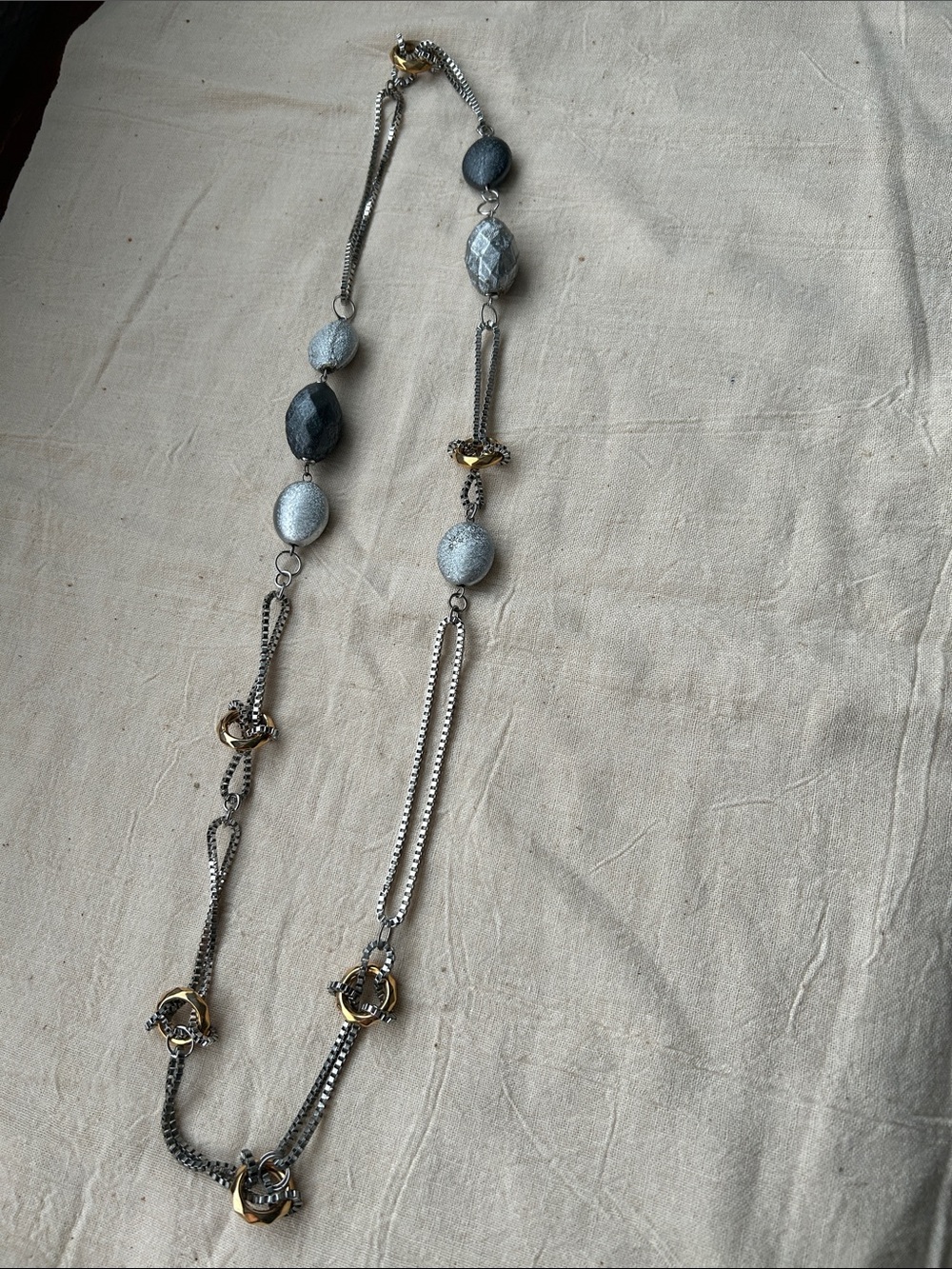 Elegant Gray and Gold Long Beaded Necklace